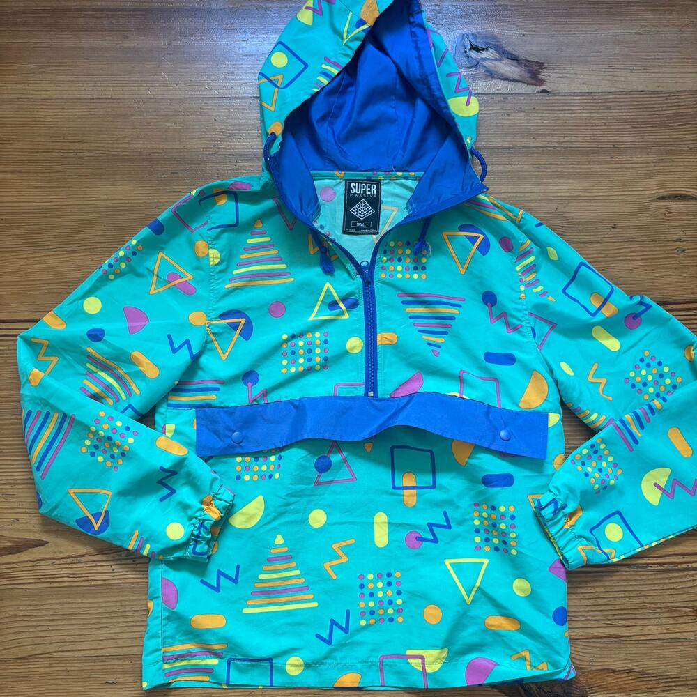 Massive 90s green teal blue shapes hooded pullover adult jacket SIZE‎ S
